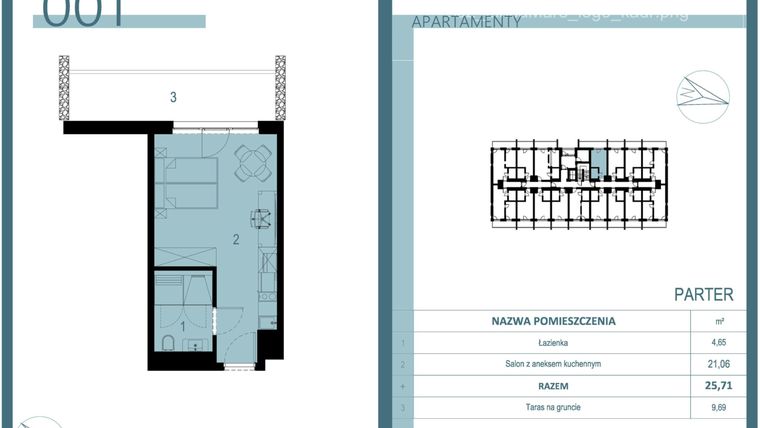 Rzut - Mieszkanie na sprzedaż 1 pokój o powierzchni 25,71 m² - numer 001 w Linea Mare Mrzeżyno