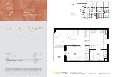 Rzut - Mieszkanie na sprzedaż 2 pokoje o powierzchni 40,59 m² - numer M1_NF.c w Nowe Flisy II