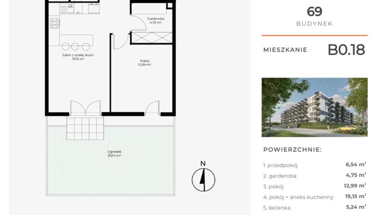 Rzut - Mieszkanie na sprzedaż 2 pokoje o powierzchni 48,67 m² - numer B0.18 w Enklawa Bukowa II