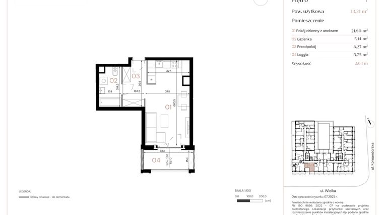 Rzut - Mieszkanie na sprzedaż 1 pokój o powierzchni 33,21 m² - numer A/1/04 w Wielka 16