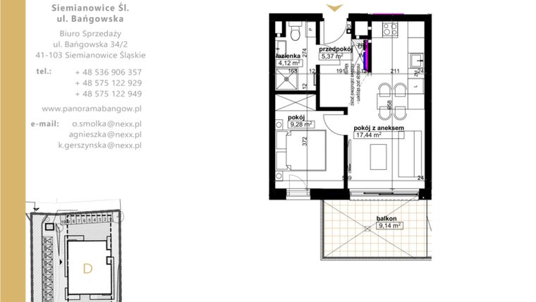 Rzut - Mieszkanie na sprzedaż 2 pokoje o powierzchni 36,21 m² - numer E.2.6 w Panorama Bańgów Etap II