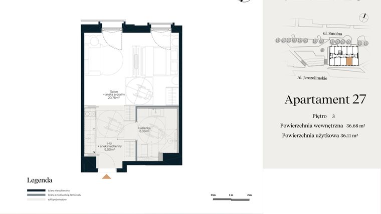 Rzut - Mieszkanie na sprzedaż 1 pokój o powierzchni 36,68 m² - numer U.4.27 w Smolna 23