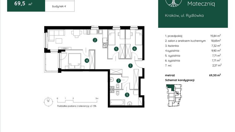 Rzut - Mieszkanie na sprzedaż 4 pokoje o powierzchni 69,65 m² - numer 4.A.3.08 w Murapol Mateczniq
