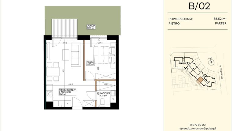 Rzut - Mieszkanie na sprzedaż 2 pokoje o powierzchni 38,52 m² - numer WA2/B/02 w Waniliowa
