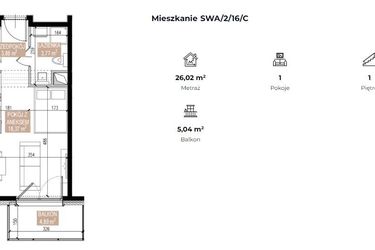 Rzut - Mieszkanie na sprzedaż 1 pokój o powierzchni 26,02 m² - numer SWA/2/16/C w Apartamenty Świeradowska
