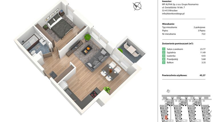 Rzut - Mieszkanie na sprzedaż 2 pokoje o powierzchni 45,37 m² - numer F22 w Nowe Żerniki Bieńkowskiego etap II