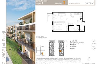 Rzut - Mieszkanie na sprzedaż 2 pokoje o powierzchni 50,61 m² - numer B.3 w Poezji
