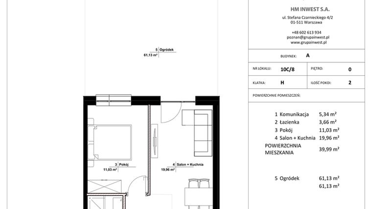 Rzut - Mieszkanie na sprzedaż 2 pokoje o powierzchni 39,99 m² - numer 10C/8 w Jasielska 8C etap II