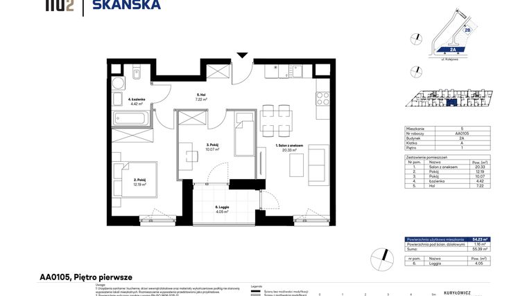 Rzut - Mieszkanie na sprzedaż 3 pokoje o powierzchni 54,48 m² - numer AA0105 w NU2 Warszawa Wola - apartamenty wykończone pod klucz