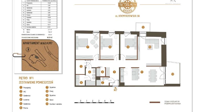 Rzut - Mieszkanie na sprzedaż 4 pokoje o powierzchni 116,35 m² - numer B1.B2.P1.M7 w Faktoria Młyn