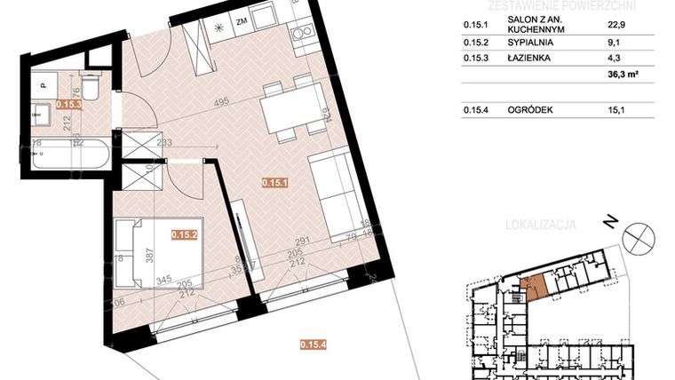 Rzut - Mieszkanie na sprzedaż 2 pokoje o powierzchni 36,3 m² - numer 015 w Szczecińska 20