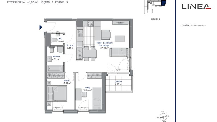 Rzut - Mieszkanie na sprzedaż 3 pokoje o powierzchni 63,87 m² - numer B.3.7 w Linea
