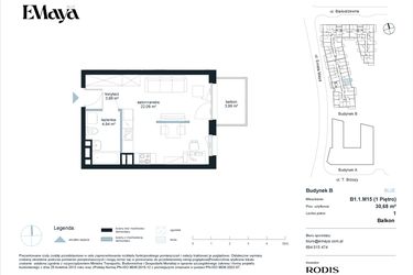 Rzut - Mieszkanie na sprzedaż 1 pokój o powierzchni 30,68 m² - numer B1.1.M15 w EMaya