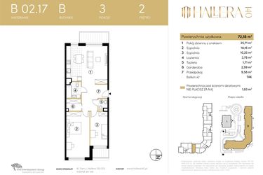 Rzut - Mieszkanie na sprzedaż 3 pokoje o powierzchni 72,18 m² - numer B.02.17 w Hallera 140