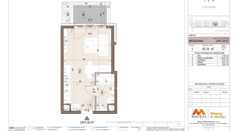 Rzut - Mieszkanie na sprzedaż 1 pokój o powierzchni 26,34 m² - numer C.00.07 w Takt Lirników