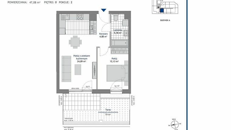 Rzut - Mieszkanie na sprzedaż 2 pokoje o powierzchni 47,08 m² - numer A.0.11 w Linea bud. A