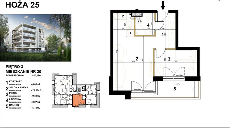 Rzut - Mieszkanie na sprzedaż 2 pokoje o powierzchni 40,48 m² - numer 20 w Hoża 25