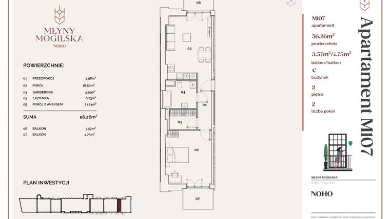 Rzut - Mieszkanie na sprzedaż 2 pokoje o powierzchni 56,2 m² - numer C.107 w Młyny Mogilska