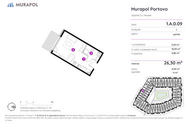 Rzut - Mieszkanie na sprzedaż 1 pokój o powierzchni 26,3 m² - numer 1.A.0.09 w Murapol Portovo etap II