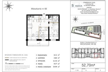 Rzut - Mieszkanie na sprzedaż 3 pokoje o powierzchni 52,7 m² - numer M66 w Staszica