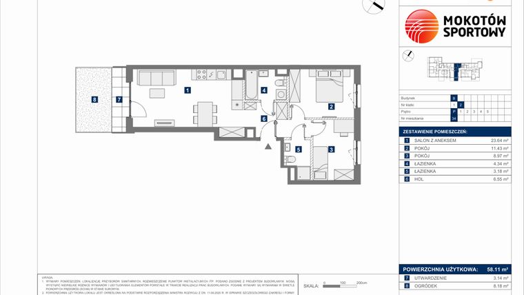 Rzut - Mieszkanie na sprzedaż 3 pokoje o powierzchni 58,11 m² - numer B.34 w Mokotów Sportowy