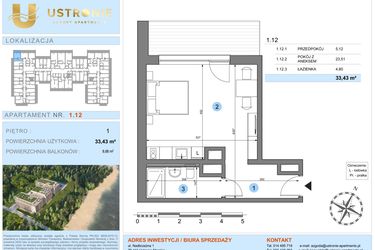 Rzut - Mieszkanie na sprzedaż 1 pokój o powierzchni 33,43 m² - numer 1.12 w Ustronie Luxury Apartments