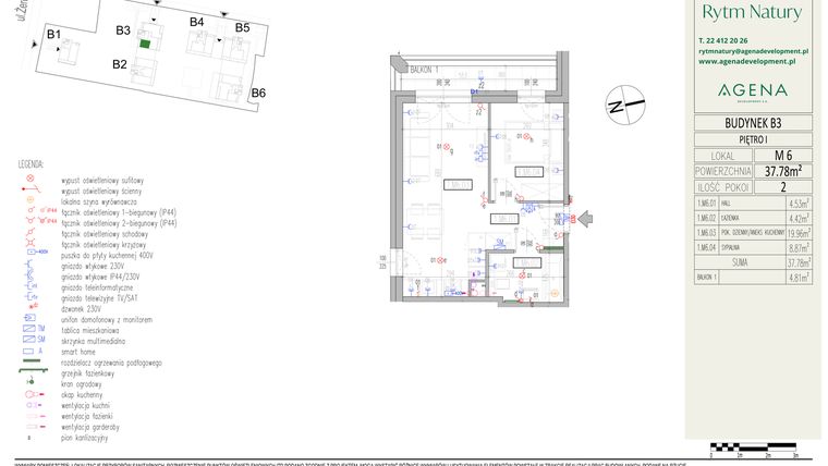 Rzut - Mieszkanie na sprzedaż 2 pokoje o powierzchni 37,78 m² - numer B3M6 w Rytm Natury