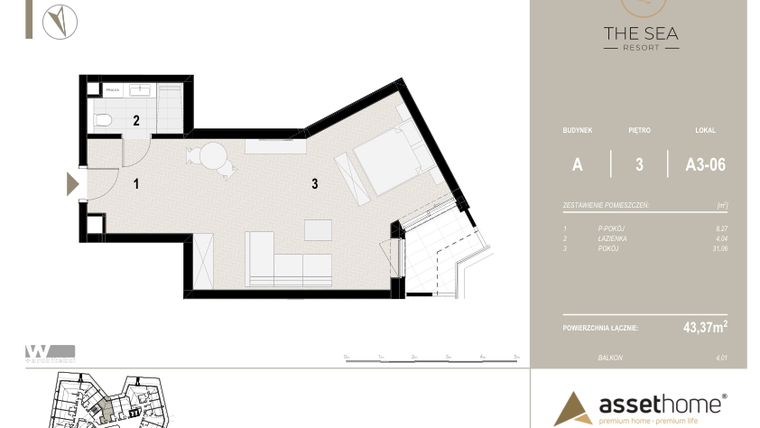 Rzut - Mieszkanie na sprzedaż 1 pokój o powierzchni 54,13 m² - numer A3-06 w The Sea Resort Międzyzdroje