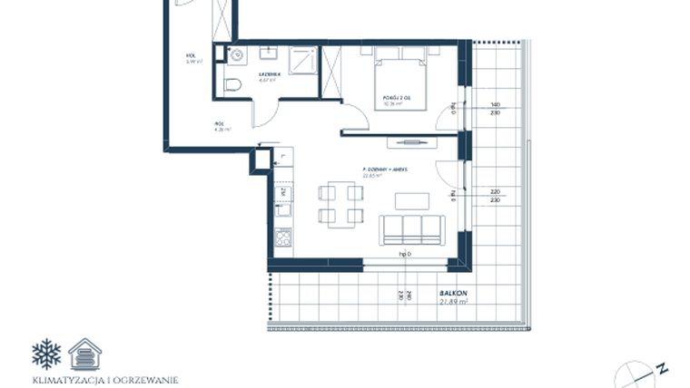 Rzut - Mieszkanie na sprzedaż 2 pokoje o powierzchni 48,24 m² - numer 26.A2 w Nadmorska Darłowo