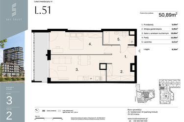 Rzut - Mieszkanie na sprzedaż 2 pokoje o powierzchni 50,89 m² - numer L51 w Sky Trust etap II - apartamenty inwestycyjne 23% VAT PRS
