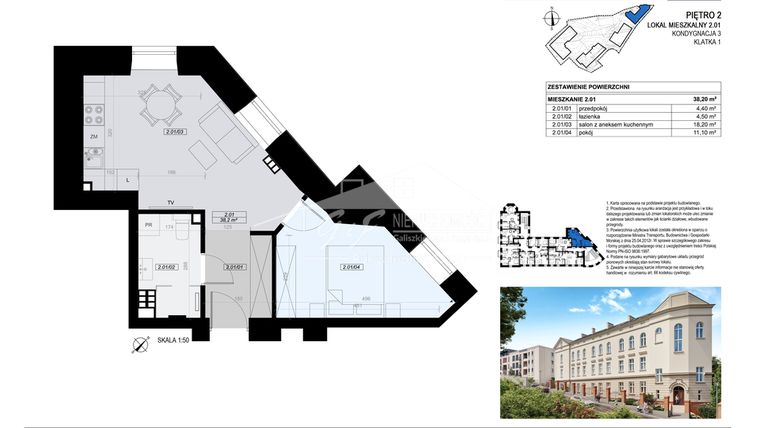 Rzut - Mieszkanie na sprzedaż 2 pokoje o powierzchni 38,2 m² - numer 2.01 w Apartamenty Tatarska 4