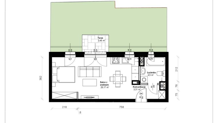 Rzut - Mieszkanie na sprzedaż 1 pokój o powierzchni 34,17 m² - numer B.0.05.1k w ATRIUM