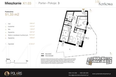 Rzut - Mieszkanie na sprzedaż 3 pokoje o powierzchni 51,33 m² - numer K1.03 w Korkowa 146