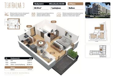 Rzut - Mieszkanie na sprzedaż 1 pokój o powierzchni 36,18 m² - numer A 3.05 w Teatralna 3 - etap II