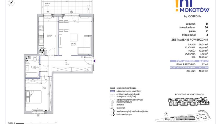 Rzut - Mieszkanie na sprzedaż 2 pokoje o powierzchni 64,07 m² - numer A1.B.56 w Hi Mokotów