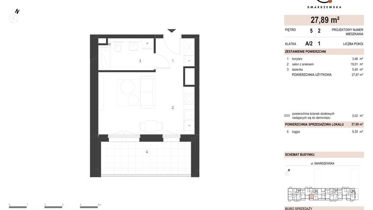 Rzut - Mieszkanie na sprzedaż 1 pokój o powierzchni 27,89 m² - numer A/2/5.2 w Smardzewska 8