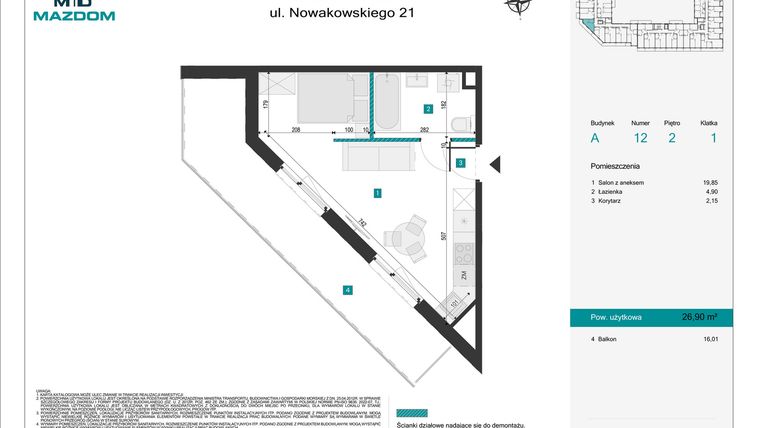 Rzut - Mieszkanie na sprzedaż 1 pokój o powierzchni 26,9 m² - numer 12 w Błonie Vita
