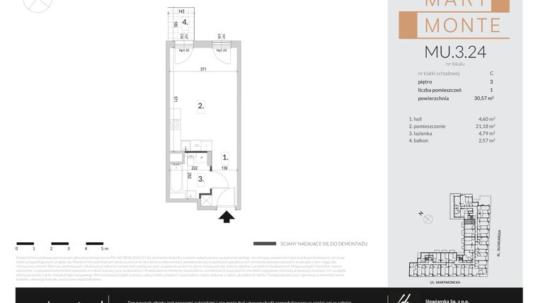 Rzut - Mieszkanie na sprzedaż 1 pokój o powierzchni 30,57 m² - numer MU.3.24 w Marimonte - apartamenty inwestycyjne