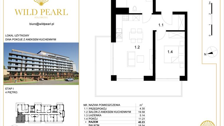 Rzut - Mieszkanie na sprzedaż 2 pokoje o powierzchni 40,23 m² - numer 4.1 w Wild Pearl - apartamenty inwestycyjne