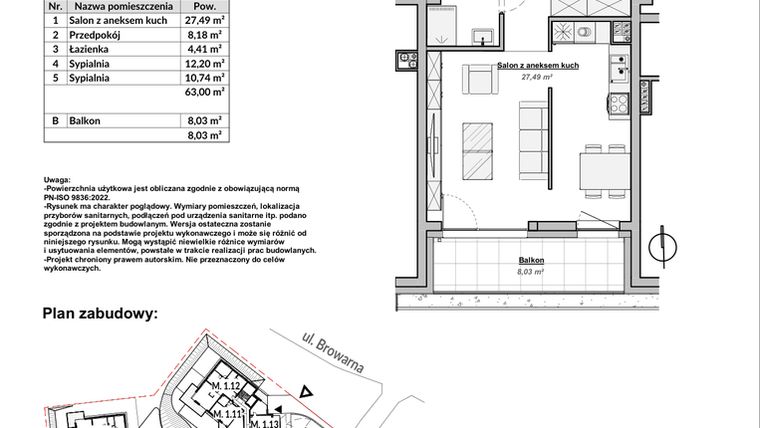 Rzut - Mieszkanie na sprzedaż 3 pokoje o powierzchni 63 m² - numer M1.7 w Bulwary Apartamenty