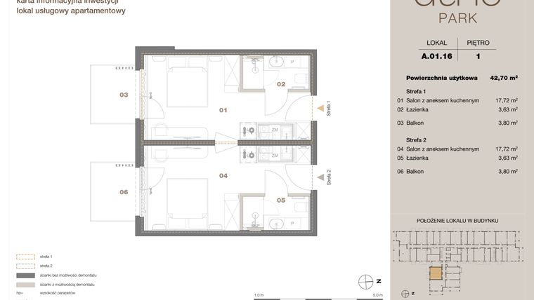 Rzut - Mieszkanie na sprzedaż 2 pokoje o powierzchni 42,7 m² - numer A 01.16 w DUNE Park