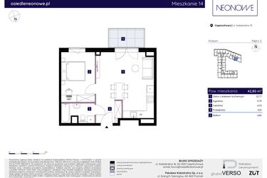 Rzut - Mieszkanie na sprzedaż 2 pokoje o powierzchni 42,91 m² - numer 14 w Osiedle Neonowe