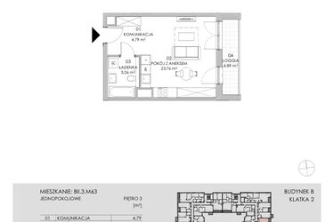 Rzut - Mieszkanie na sprzedaż 1 pokój o powierzchni 33,61 m² - numer BII.3.M63 w Przewóz 42 ATAL II