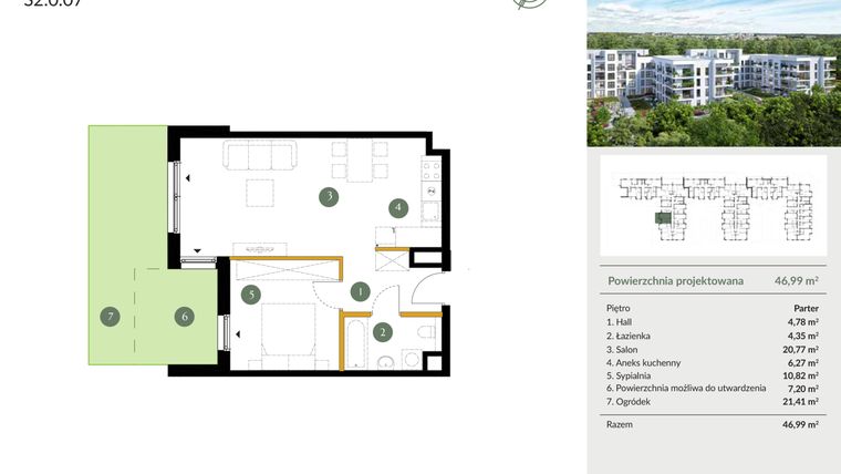Rzut - Mieszkanie na sprzedaż 2 pokoje o powierzchni 46,99 m² - numer S2.0.07 w Ogrody Julianów