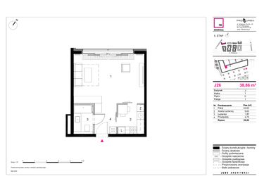 Rzut - Mieszkanie na sprzedaż 1 pokój o powierzchni 38,86 m² - numer J26 w 19. Dzielnica Etap V