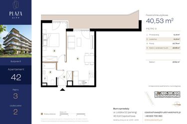 Rzut - Mieszkanie na sprzedaż 2 pokoje o powierzchni 40,53 m² - numer B6M42 w Plaza City