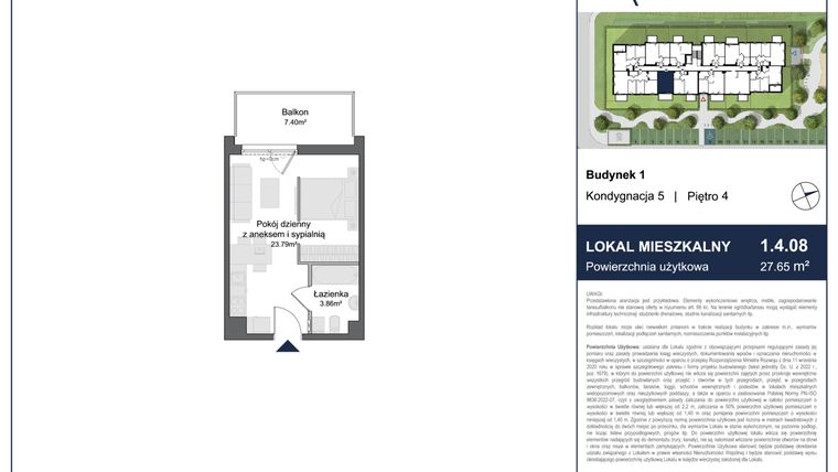 Rzut - Mieszkanie na sprzedaż 1 pokój o powierzchni 27,65 m² - numer 1.4.08 w Rytelska