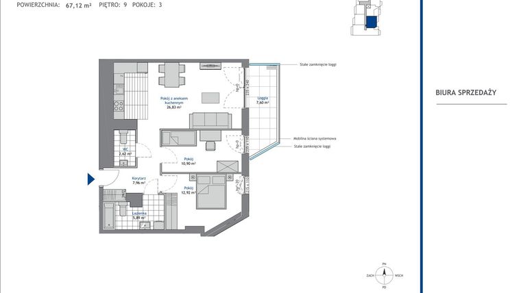 Rzut - Mieszkanie na sprzedaż 3 pokoje o powierzchni 67,12 m² - numer 9.4 w SEAHall