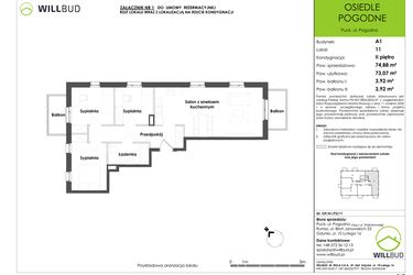 Rzut - Mieszkanie na sprzedaż 4 pokoje o powierzchni 73,07 m² - numer OP/A1/P2/11 w Osiedle Pogodne etap I
