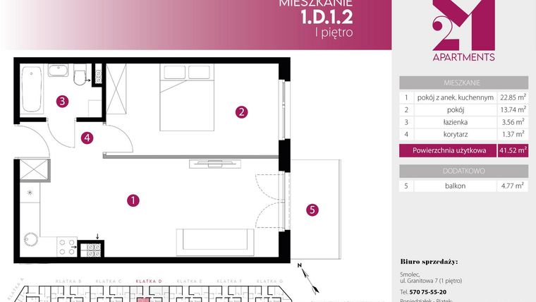 Rzut - Mieszkanie na sprzedaż 2 pokoje o powierzchni 41,52 m² - numer 1.D.1.2 w 2M Apartments etap IV